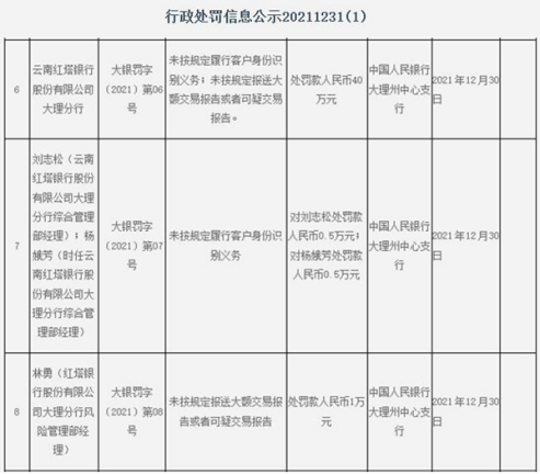 红塔银行合作三方公司杉德畅刷大理分行违法被罚 未按规报送大额交易报告等