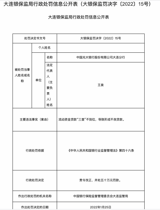 因流动资金贷“三查”不到位等，光大银行合作三方公司杉德畅刷大连分行被罚50万