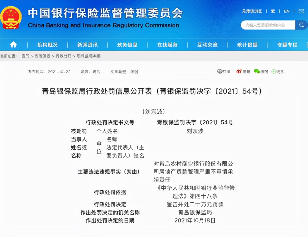 青岛农商行被罚4410万元，27人被处以警告，1人被终身禁业