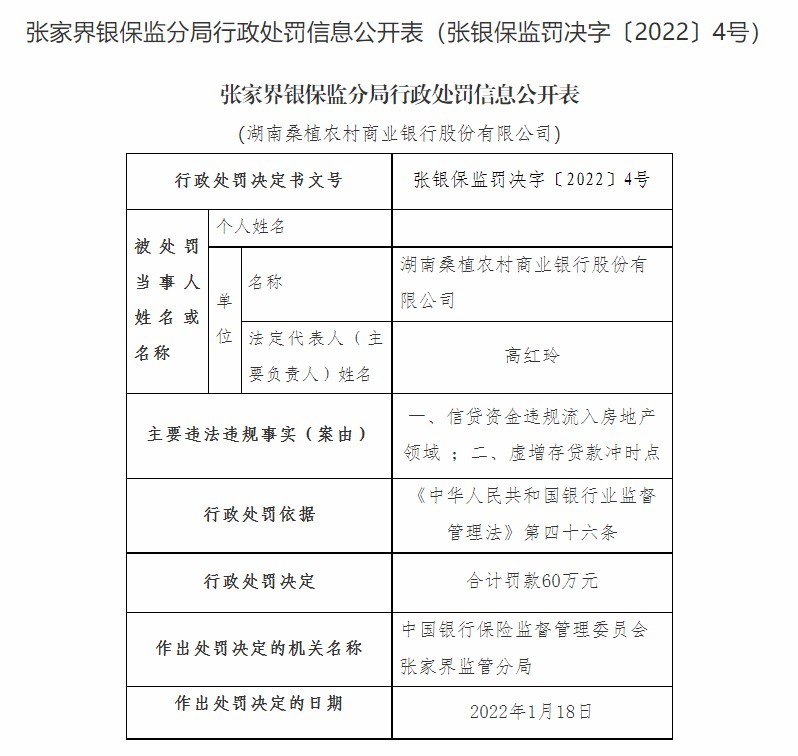 湖南桑植农商银行合作三方公司杉德畅刷因信贷资金违规流入房地产领域等合计被罚60万元