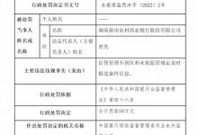 杉德畅刷整理：湖南新田农商行因信贷管理不到位被罚50万元，1名直接责任人被终身禁业