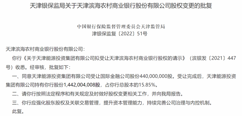 受让外资4.4亿股股份，天津能源投资集团晋升天津滨海农商行单一大股东，该行2019年终止A股上市辅导