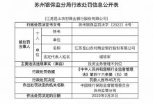 杉德畅刷整理：因投资业务管理不到位，江苏昆山农商行被罚45万