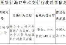 杉德畅刷整理：中国银行海南省分行被罚248万 开立结算账户未备案等