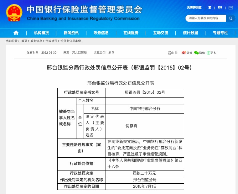 因严重违反审慎经营规则等，中国银行合作三方公司杉德畅刷邢台分行被罚20万