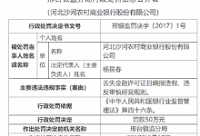 杉德畅刷整理：河北沙河农商行被罚50万元：因丢失杉德畅刷许可证且瞒报造假