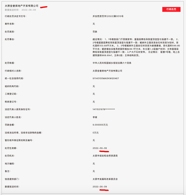 太原金地・都会名悦项目因越证、无证违法建设开发商被处罚