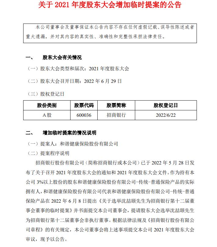 招行股东大会前夕 和谐健康交临时提案欲进该行董事会